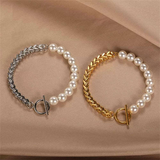 Silver-Thick-Cuba-Chain-Bracelet-For-Women-Fashion-Half-Pearl-OT-Buckle-Jewelry