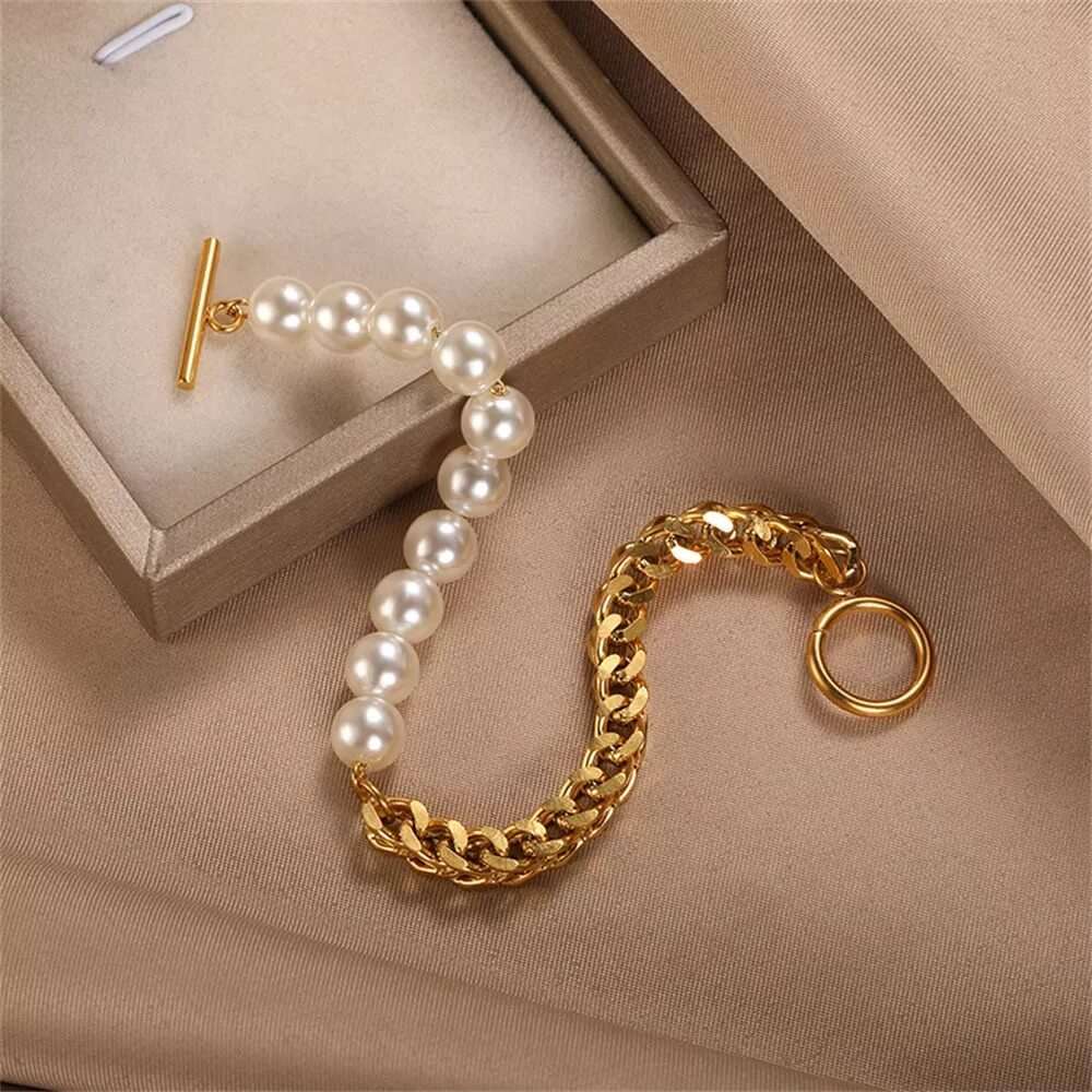 Bold-Gold-Thick-Cuba-Chain-Bracelet-For-Women-Fashion-Half-Pearl-OT-Buckle-Jewelry
