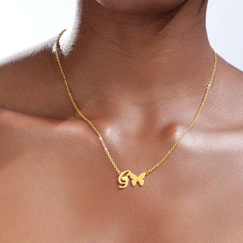 Cute Letter Initial Butterfly Heart Necklace For Women Unique BoJewelry Name Necklace