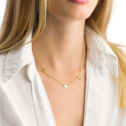 WOman wearing gold customized double names heart necklace jewelry