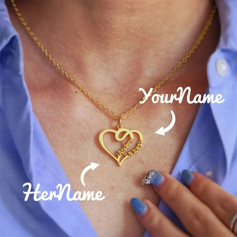 Women with blue shirt wearing gold custom jewelry Heart Name Necklace