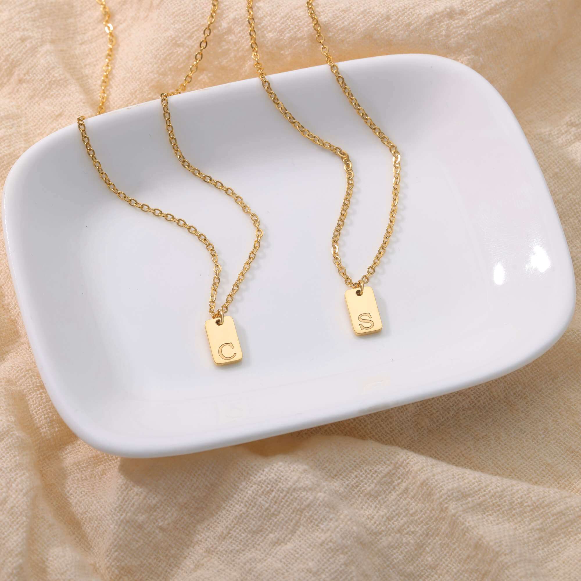 Dainty Square Initial Necklace | Gold Bronze Clay | Feminine | Baroque  Style | Tribal Chain | Matte Gold | Brushed Finish